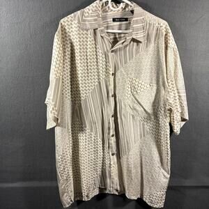 silk icon men silk shirt XL tan patchwork geometric stripe neutral abstract